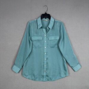 Soft Surroundings Shirt Womens Medium Teal Button Front Satin Blouse Top